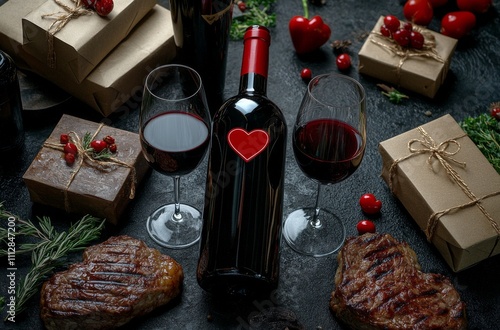 Elegant dinner setting featuring red wine, steak, and gift boxes arranged for...