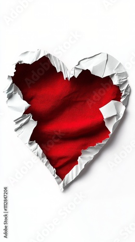 Creative heart shape made from torn paper revealing a red fabric underneath