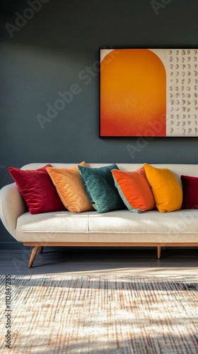 Modern living room with colorful cushions on a white sofa against an orange wall