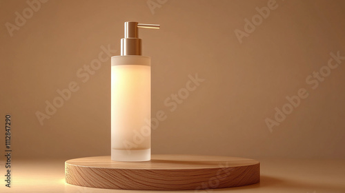 Elegant Glass Bottle of Skincare Product Illuminated on Wooden Surface in a Soft Lighting Environment