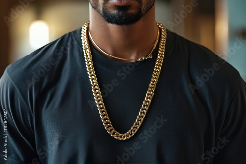 Close up of a man showcasing a stylish gold chain in an urban setting during ...