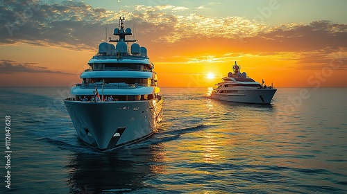 two super yachts one with crew and a tender working on deck at the back are anchored in the gulf of s photo