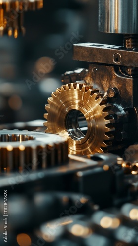 Close up view of intricate brass gears and machinery components in a workshop...