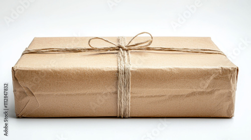 cardboard package tied with twine, perfect for shipping or gifts. This simple yet elegant packaging evokes sense of anticipation and care