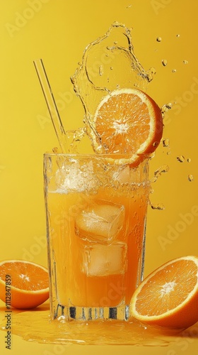 Refreshing orange drink with splash and citrus slices on vibrant yellow backg...