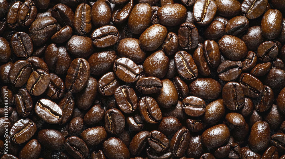 Fototapeta premium Rich, dark coffee beans scattered closely together, showcasing their glossy surface and unique textures. Perfect for coffee lovers and culinary enthusiasts