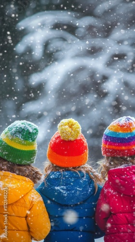 Children enjoying a snowy day while wearing colorful hats in a winter landscape