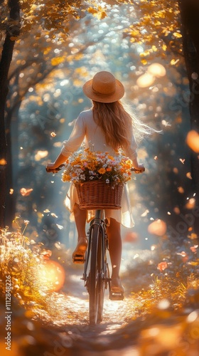 Young person rides bicycle through forest path with flowers in basket during ...