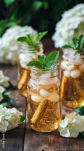 Refreshing herbal drink served in jars with mint and flowers for a summer gat...