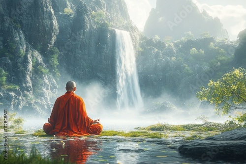 Serene meditation by a tranquil waterfall in an autumn landscape at dawn