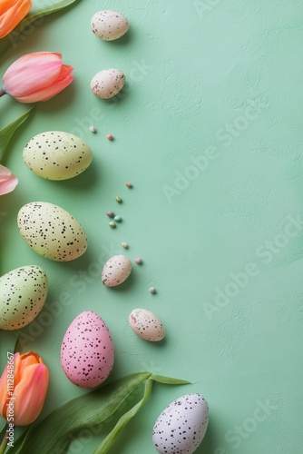 Colorful easter eggs and tulips arranged on green background for festive cele...