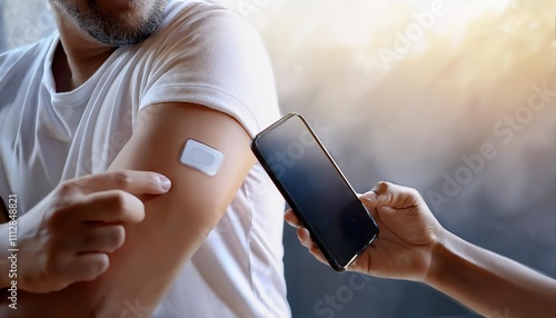 Man using a smartphone to scan a patch on his arm for health monitoring or glucose reading photo