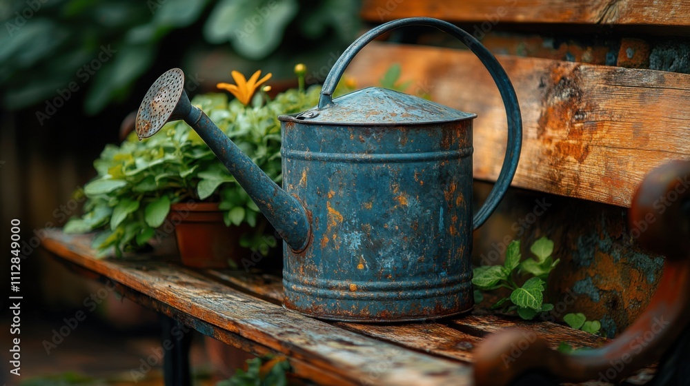 A rustic metal watering can on a wooden bench surrounded by ample greenery, perfect for garden-themed aesthetics. A rustic metal watering can on a wooden bench surrounded by ample greenery, perfect for garden-themed aesthetics.