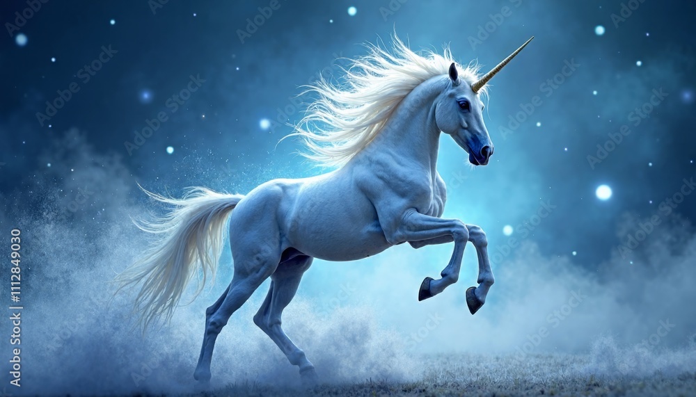 Majestic Unicorn with Glowing Horn in Enchanted Moonlit Forest Majestic Unicorn with Glowing Horn in Enchanted Moonlit Forest