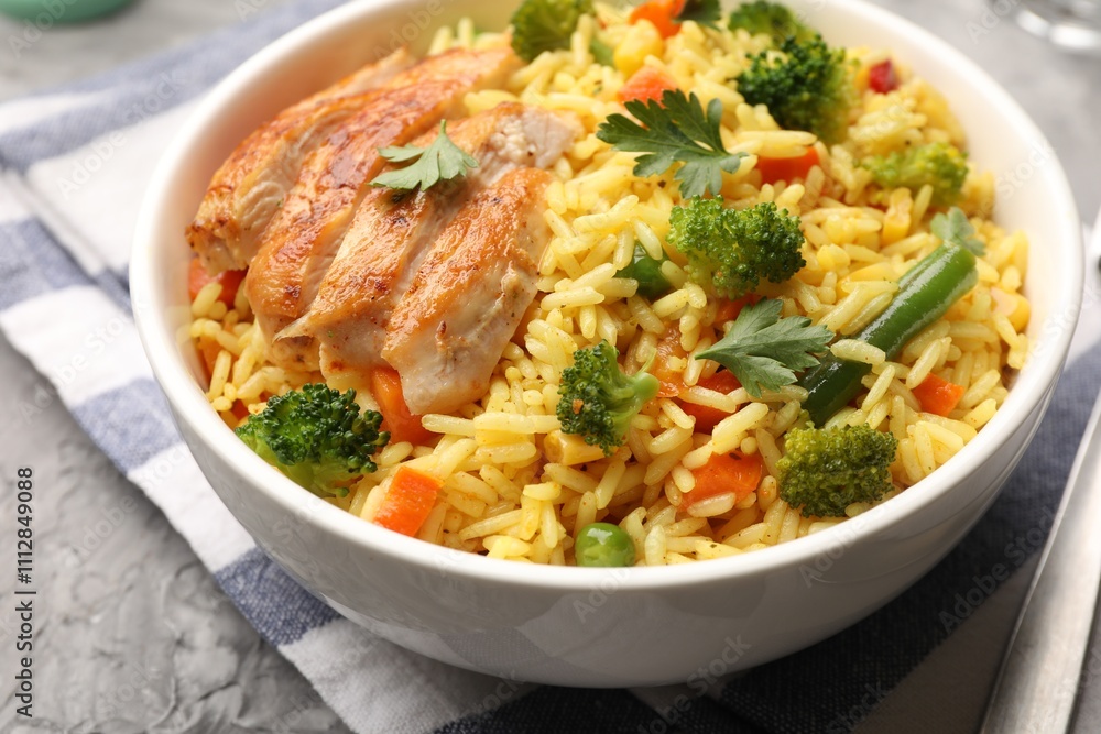 Tasty rice with vegetables and chicken on grey table, closeup Tasty rice with vegetables and chicken on grey table, closeup