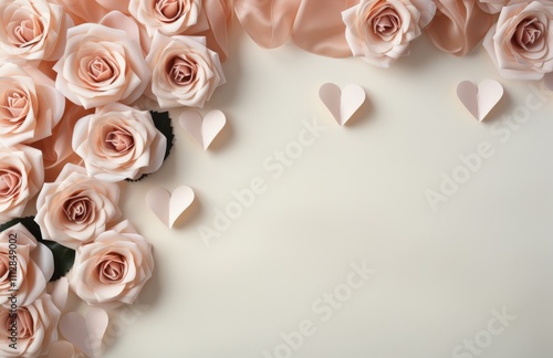 Pink roses adorned with paper hearts create a romantic and inviting atmospher...