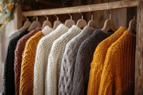 Warm knitted sweaters hanging on a wooden rack in a cozy boutique during autu...