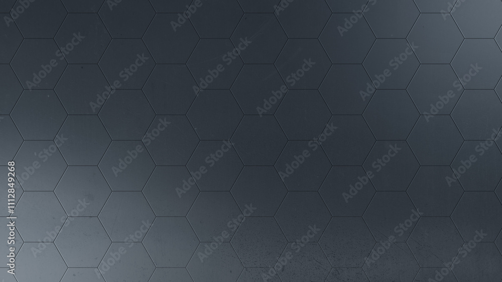 Dark gray hexagon or honeycomb pattern with light effect and dirty metallic texture and hue. Abstract and modern background in 4k resolution with copy space. Dark gray hexagon or honeycomb pattern with light effect and dirty metallic texture and hue. Abstract and modern background in 4k resolution with copy space.
