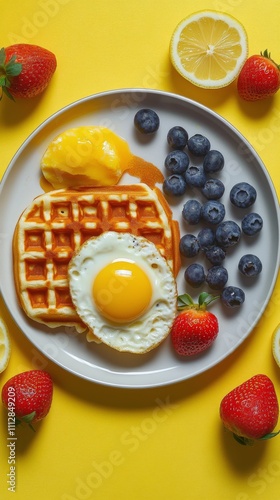 Delicious waffle breakfast topped with lemon, berries, and a fried egg on a v...