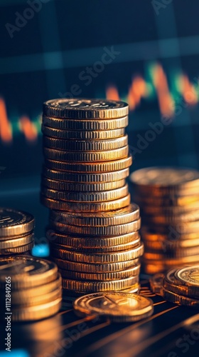 Stacked golden coins and financial charts showcasing cryptocurrency trends at...