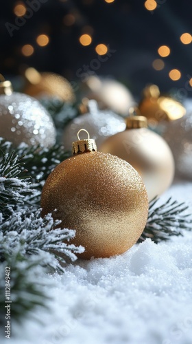 Beautiful holiday ornaments resting on soft snow with a sparkling background