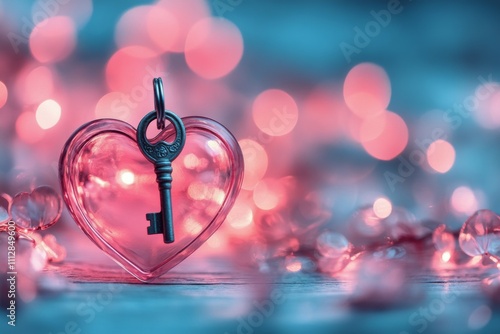 Heart shaped lock hanging from a chain surrounded by soft pink bokeh lights