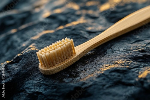 Bamboo toothbrush resting on rocky surface during soft morning light