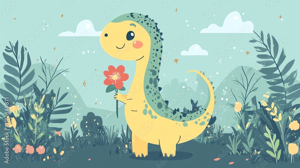 Obraz premium A cute yellow dinosaur is holding a flower in a field.
