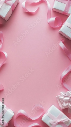 Elegant pink gift boxes arranged on a soft pink background for a festive cele...