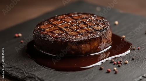 A beautifully cooked steak on a slate plate, drizzled with sauce and garnished with pepper.