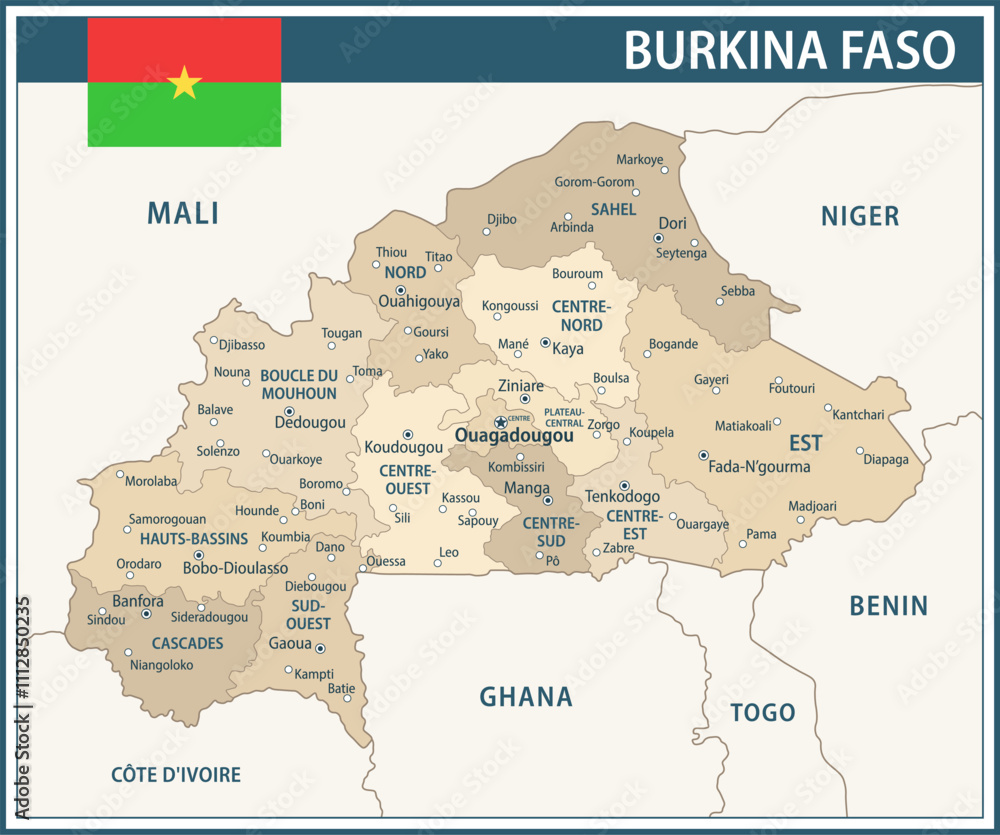 Obraz premium Burkina Faso Map Vector Vintage Dark Blue Beige - Customizable layered political map of Burkina Faso with administrative divisions for website, education, reports, news, politics, print, poster