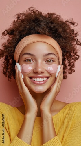 Smiling young woman applying facial mask in natural light indoors in a warm e...