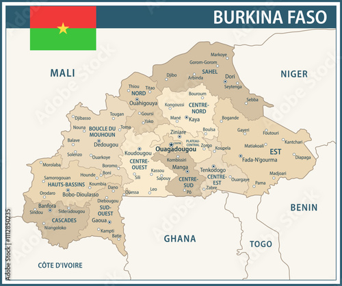 Burkina Faso Map Vector Vintage Dark Blue Beige - Customizable layered political map of Burkina Faso with administrative divisions for website, education, reports, news, politics, print, poster