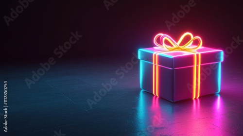 Wallpaper Mural Neon gift box glowing brightly on dark surface.  Perfect for holidays, celebrations, or promotions. Torontodigital.ca