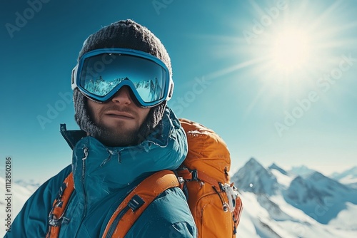 Snowy mountain adventure with skier wearing goggles and winter gear under bri...