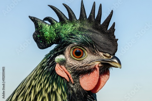 A Crested Polish Chickena??s head with a dramatic green and black crest, a proud and alert expression, and sharp details around its comb, captured under clear skies. photo