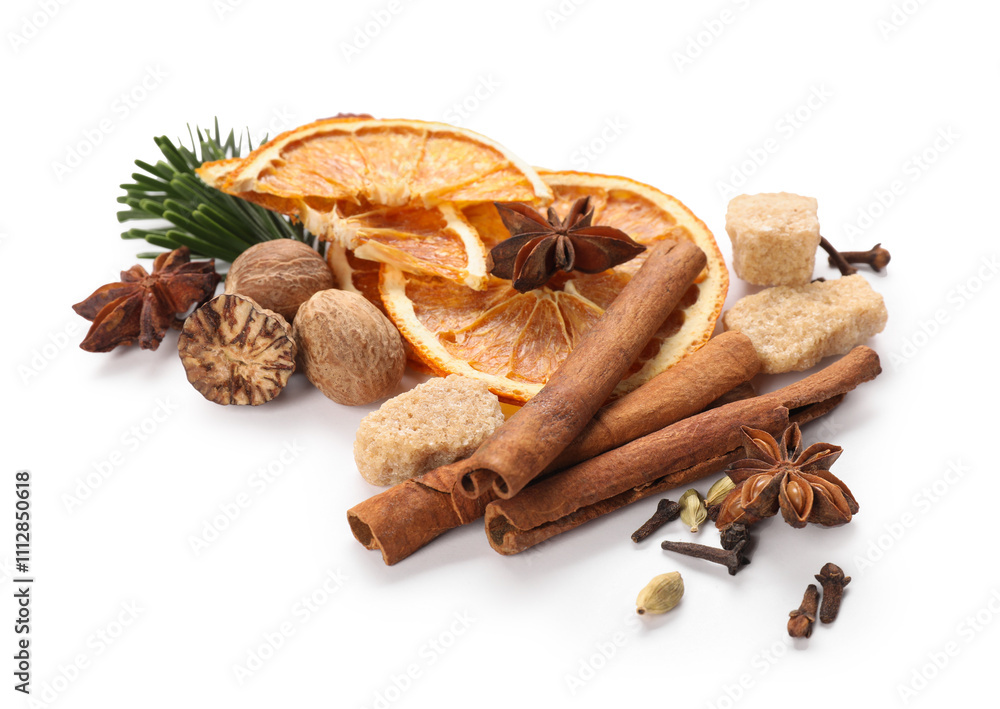 Different aromatic spices isolated on white. Christmas season Different aromatic spices isolated on white. Christmas season