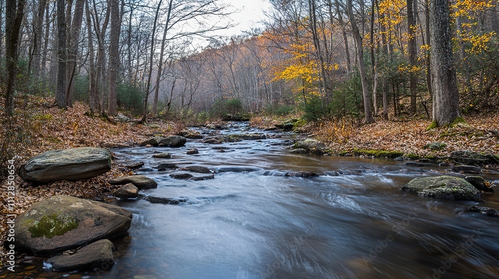 Picturesque mountain stream flowing through a tranquil forest Picturesque mountain stream flowing through a tranquil forest
