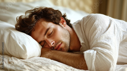 serene male sleeping peacefully on bed, showcasing relaxation and tranquility. His curly hair and soft features enhance calm atmosphere photo