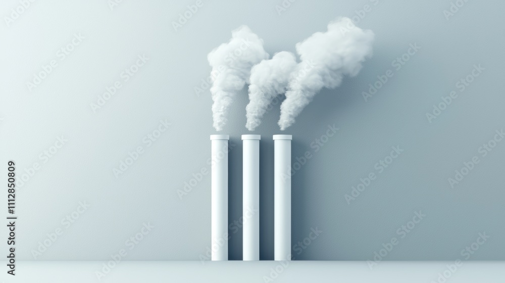 Three white chimneys releasing smoke against a minimalist light blue background Three white chimneys releasing smoke against a minimalist light blue background