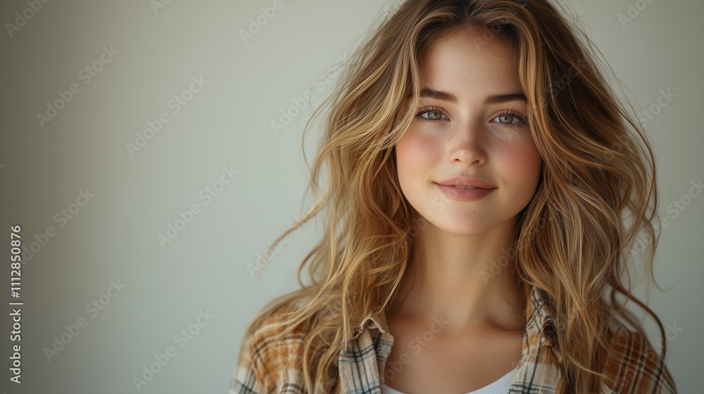 Young woman with a gentle smile posing in a casual outfit against a minimalist background Young woman with a gentle smile posing in a casual outfit against a minimalist background