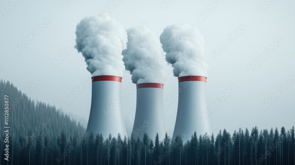 Three industrial cooling towers emitting smoke in a forested area. Environmental impact and energy production concept Three industrial cooling towers emitting smoke in a forested area. Environmental impact and energy production concept