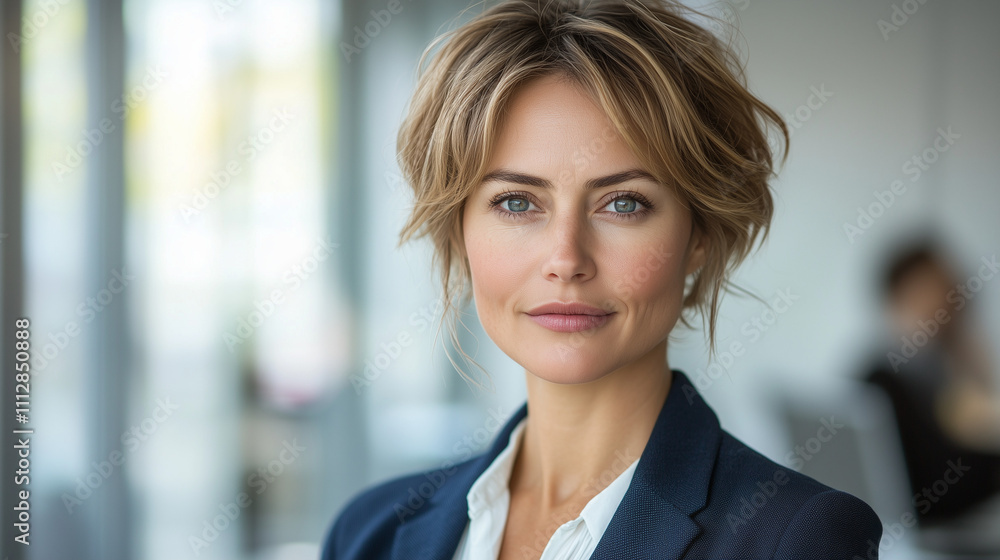 Mature woman with a serious expression posing in a blazer against a modern office background Mature woman with a serious expression posing in a blazer against a modern office background