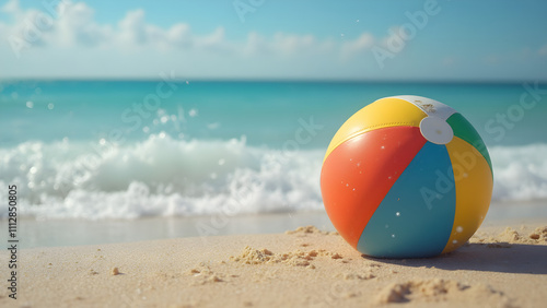 "Vibrant Beach Ball Abandoned on Shore: A Stunningly Realistic Capture of Summer's Colors and Fun"