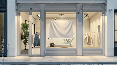 A stylish boutique with a banner template design displayed in the window photo