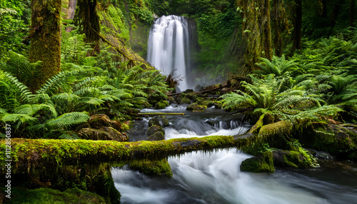 Experience the serene beauty of Olympic National Park, where a stunning waterfall flows amidst vibrant green ferns and moss-covered branches, creating a peaceful oasis in nature