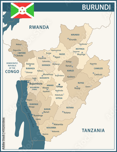 Burundi Map Vector Vintage Dark Blue Beige - Customizable layered political map of Burundi with administrative divisions for website, education, reports, news, politics, print, poster and wallpaper