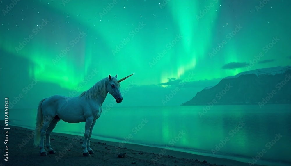 Majestic Unicorn Under Northern Lights by Serene Ocean Shoreline