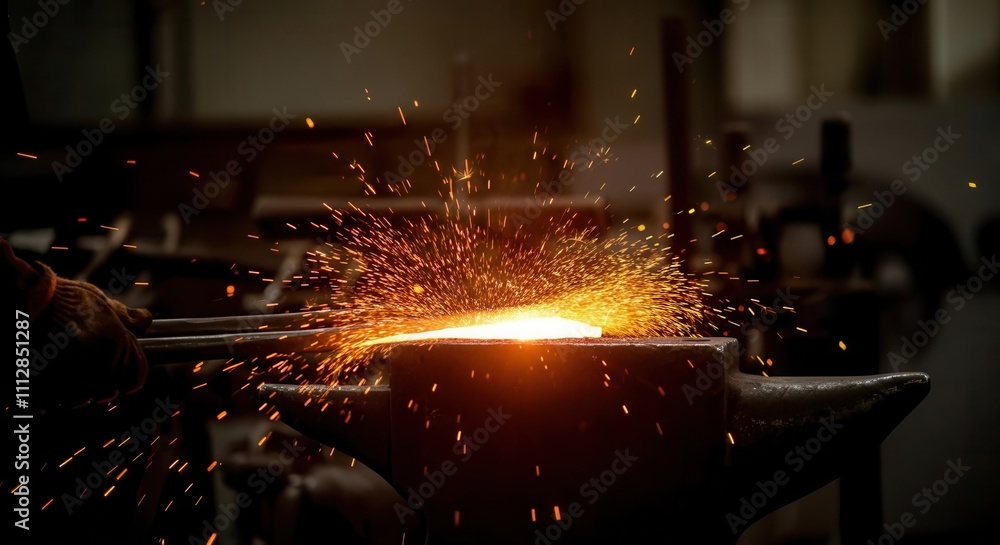 Forging hot metal with sparks at traditional blacksmith workshop Forging hot metal with sparks at traditional blacksmith workshop