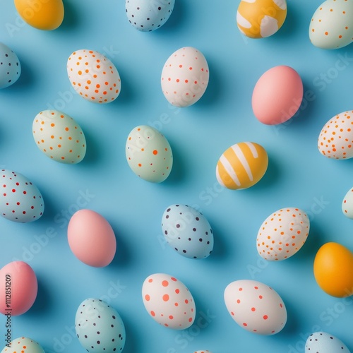 Colorful polka dot eggs arranged on a bright blue background for a festive sp...